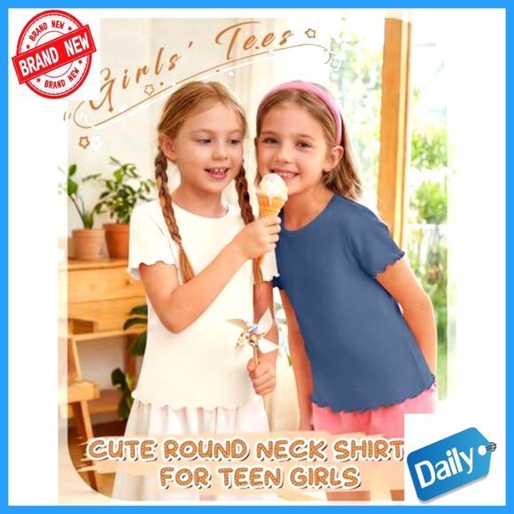 4 Pack Girls Short Sleeve Tees Slim Fit Lettuce Trim Crewneck Summer Tops - Picture 3 of 6